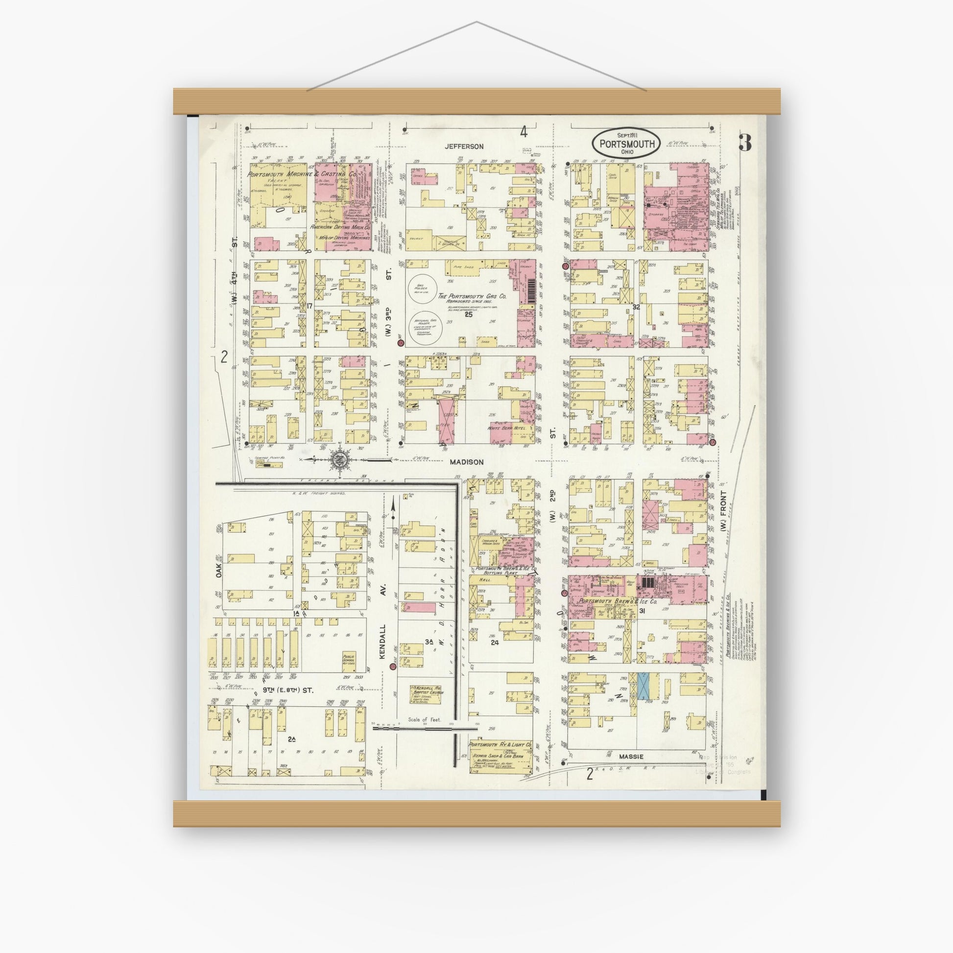 Old map wall art mockup — magnetic wood frame on white wall — Sanborn Fire Insurance Map from Portsmouth, Scioto County, Ohio (1911), Sheet #0003