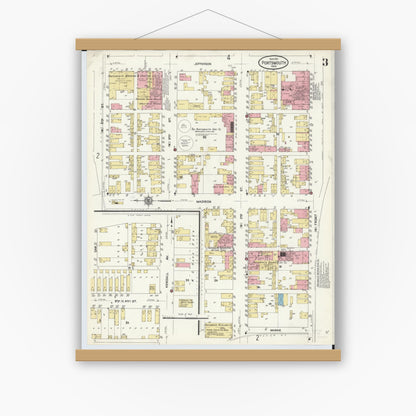 Old map wall art mockup — magnetic wood frame on white wall — Sanborn Fire Insurance Map from Portsmouth, Scioto County, Ohio (1911), Sheet #0003