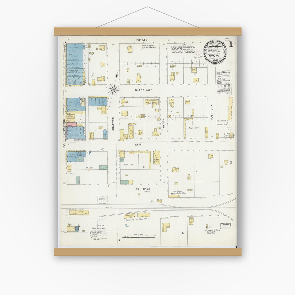 Old map wall art mockup — magnetic wood frame on white wall — Sanborn Fire Insurance Map from Dublin, Erath County, Texas (1896) - Complete Map Set