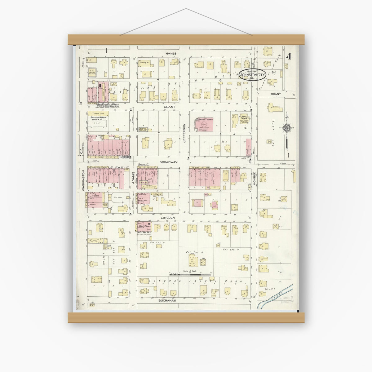Old map wall art mockup — magnetic wood frame on white wall — Sanborn Fire Insurance Map from Johnston City, Williamson County, Illinois (1914), Sheet #0004