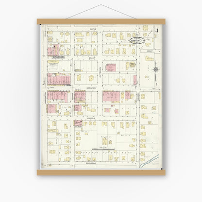 Old map wall art mockup — magnetic wood frame on white wall — Sanborn Fire Insurance Map from Johnston City, Williamson County, Illinois (1914), Sheet #0004