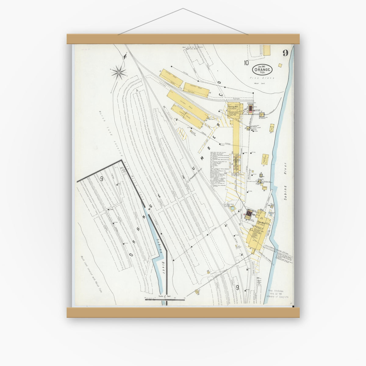 Old map wall art mockup — magnetic wood frame on white wall — Sanborn Fire Insurance Map from Orange, Orange County, Texas (1901), Sheet #0009