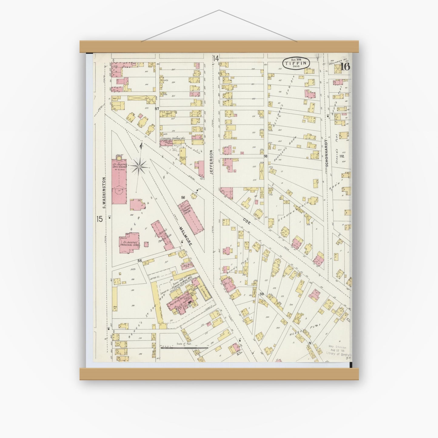 Old map wall art mockup — magnetic wood frame on white wall — Sanborn Fire Insurance Map from Tiffin, Seneca County, Ohio (1896), Sheet #0016