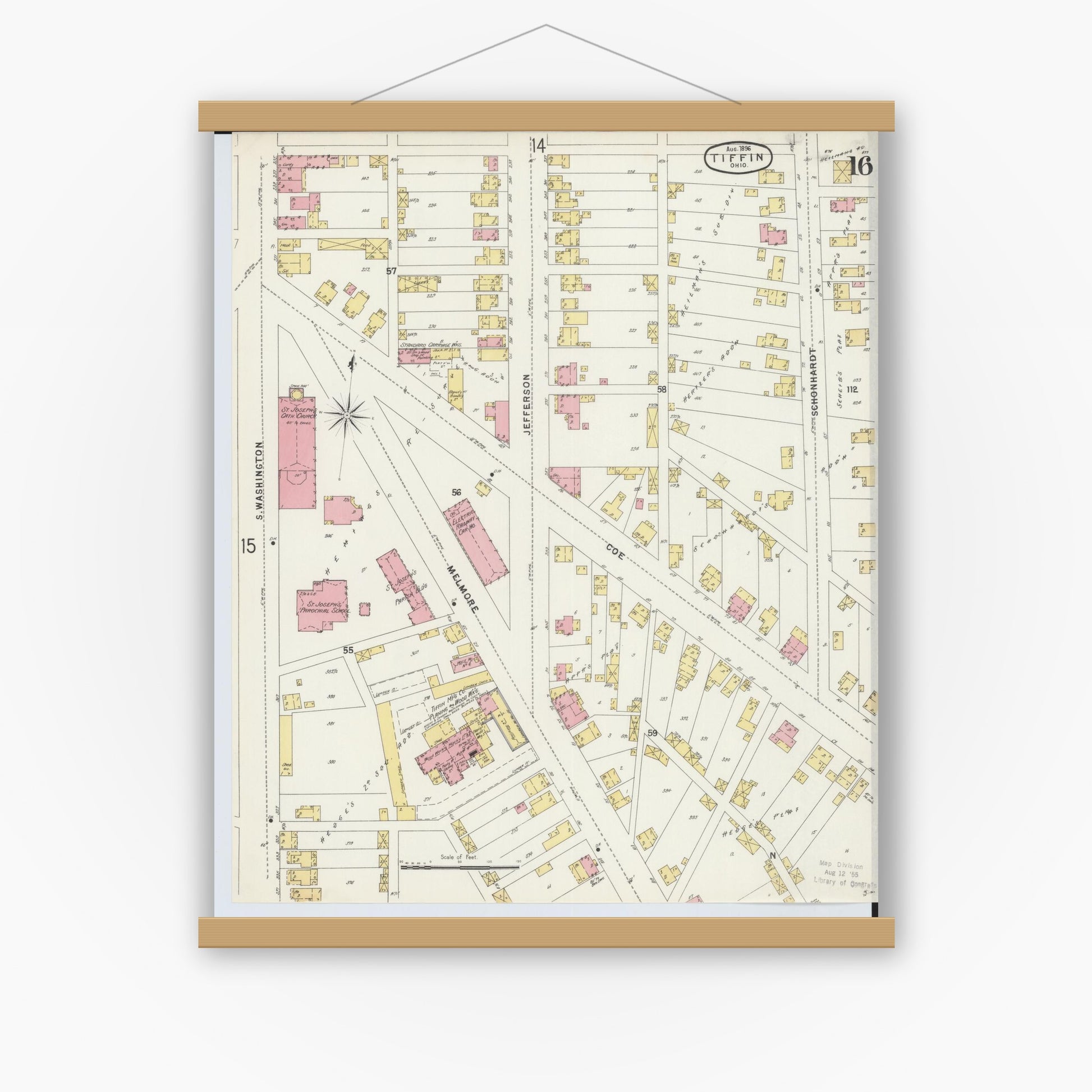 Old map wall art mockup — magnetic wood frame on white wall — Sanborn Fire Insurance Map from Tiffin, Seneca County, Ohio (1896), Sheet #0016