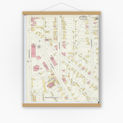 Old map wall art mockup — magnetic wood frame on white wall — Sanborn Fire Insurance Map from Tiffin, Seneca County, Ohio (1896), Sheet #0016