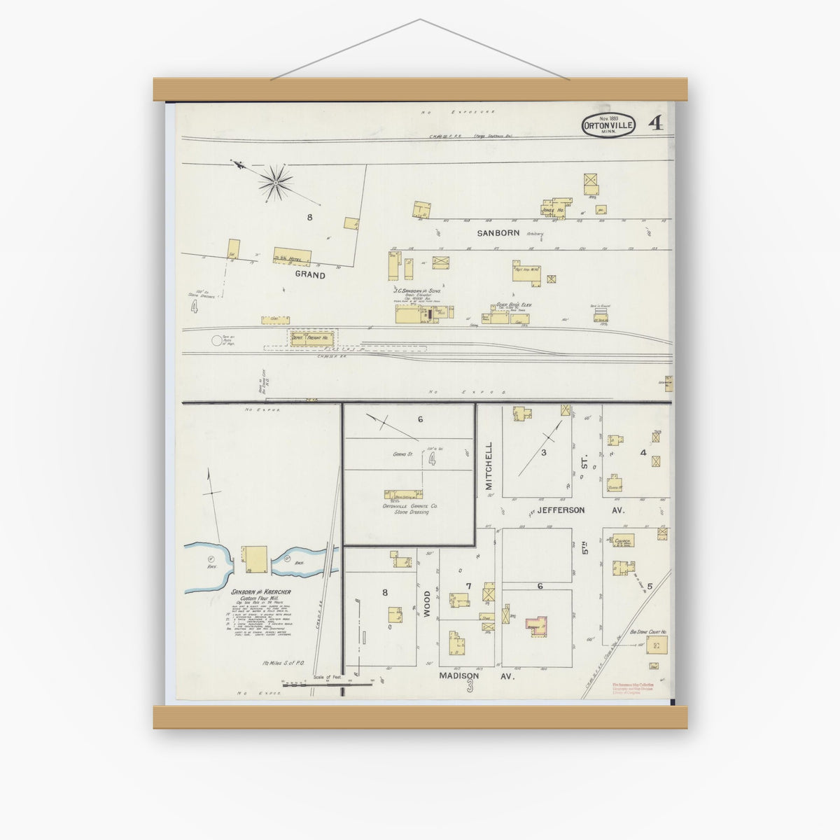 Old map wall art mockup — magnetic wood frame on white wall — Sanborn Fire Insurance Map from Ortonville, Big Stone County, Minnesota (1893), Sheet #0004