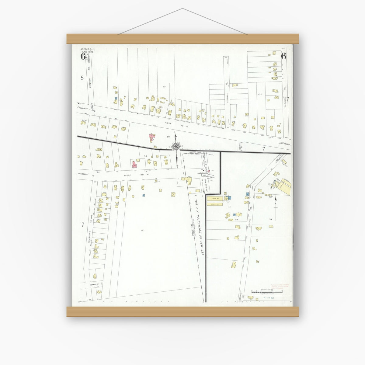 Old map wall art mockup — magnetic wood frame on white wall — Sanborn Fire Insurance Map from Greece, Monroe County, New York (1942), Sheet #0006