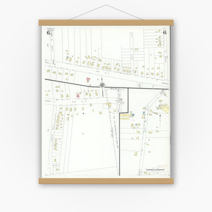 Old map wall art mockup — magnetic wood frame on white wall — Sanborn Fire Insurance Map from Greece, Monroe County, New York (1942), Sheet #0006