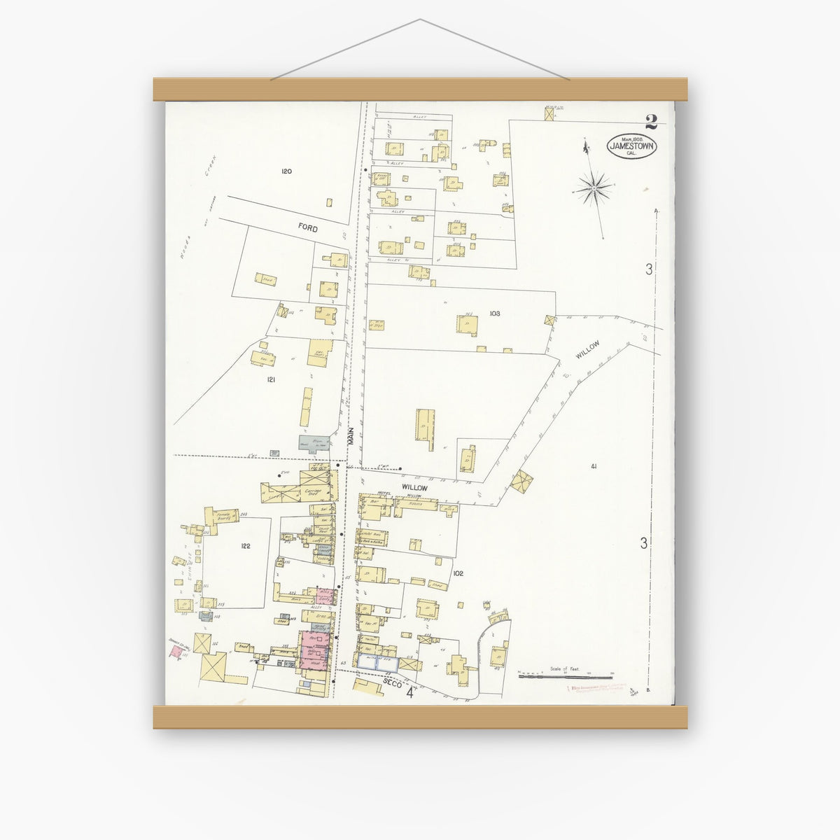 Old map wall art mockup — magnetic wood frame on white wall — Sanborn Fire Insurance Map from Jamestown, Tuolumne County, California (1908), Sheet #0002