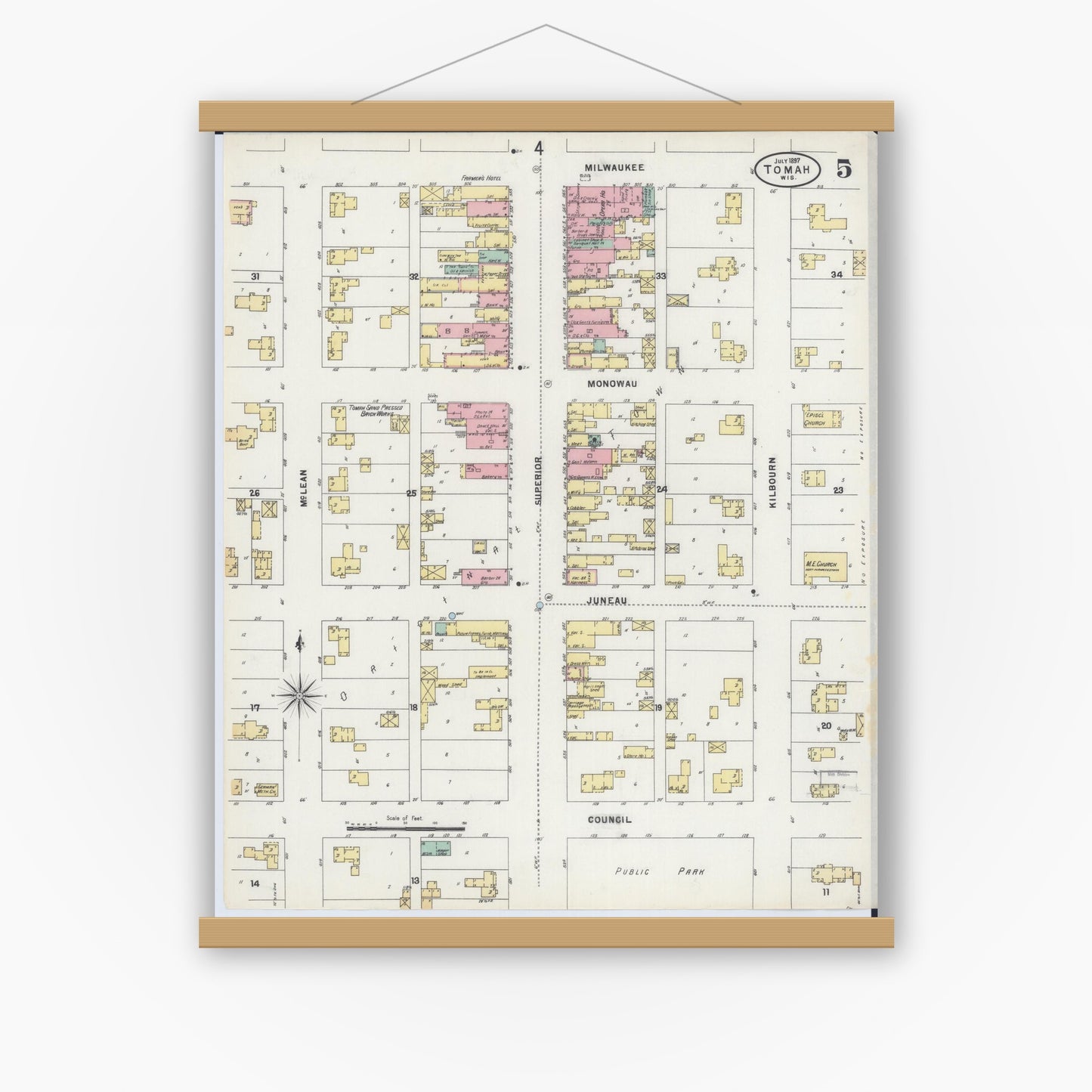 Old map wall art mockup — magnetic wood frame on white wall — Sanborn Fire Insurance Map from Tomah, Monroe County, Wisconsin (1897), Sheet #0005