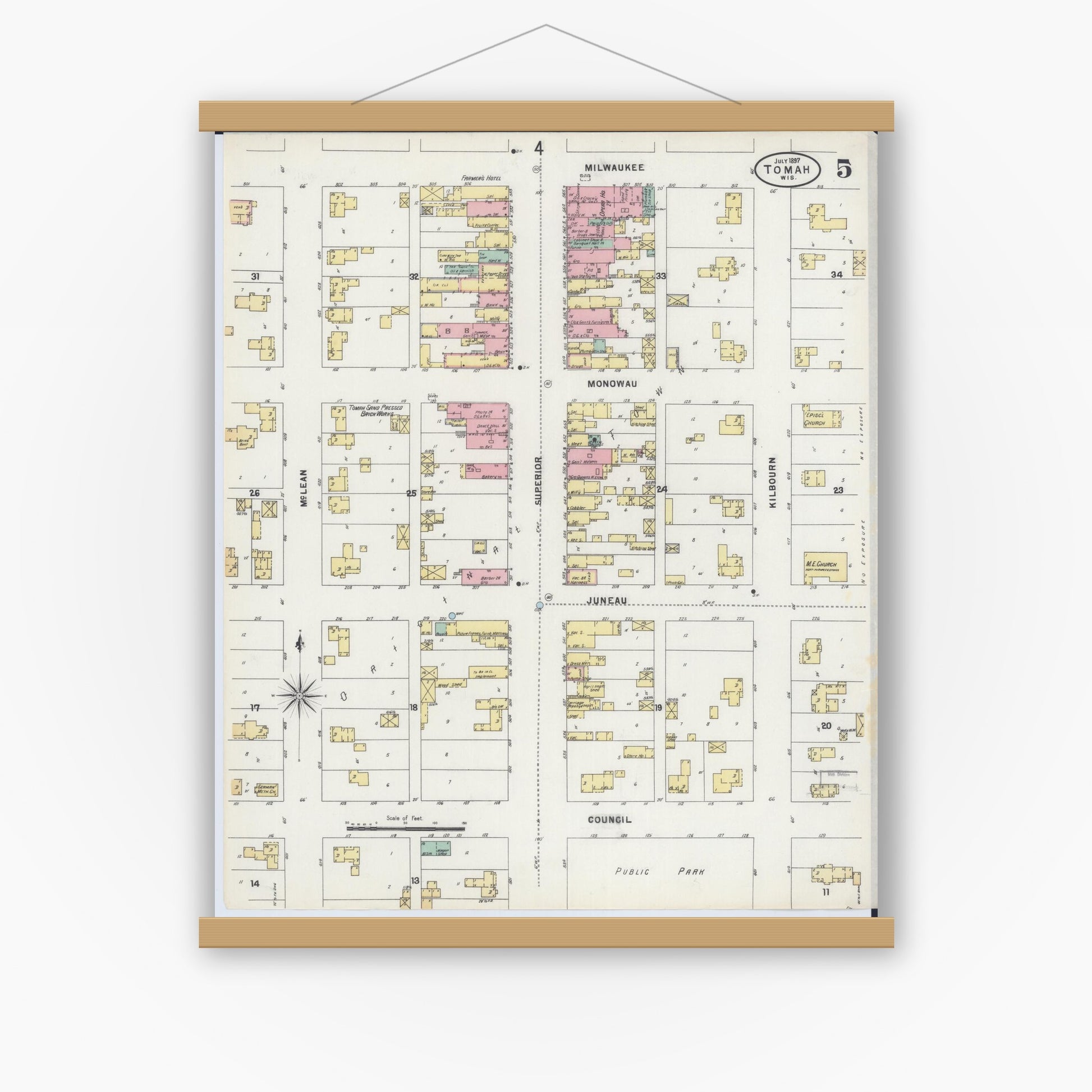 Old map wall art mockup — magnetic wood frame on white wall — Sanborn Fire Insurance Map from Tomah, Monroe County, Wisconsin (1897), Sheet #0005