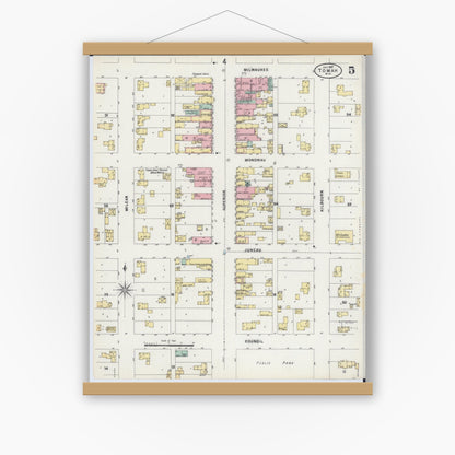 Old map wall art mockup — magnetic wood frame on white wall — Sanborn Fire Insurance Map from Tomah, Monroe County, Wisconsin (1897), Sheet #0005