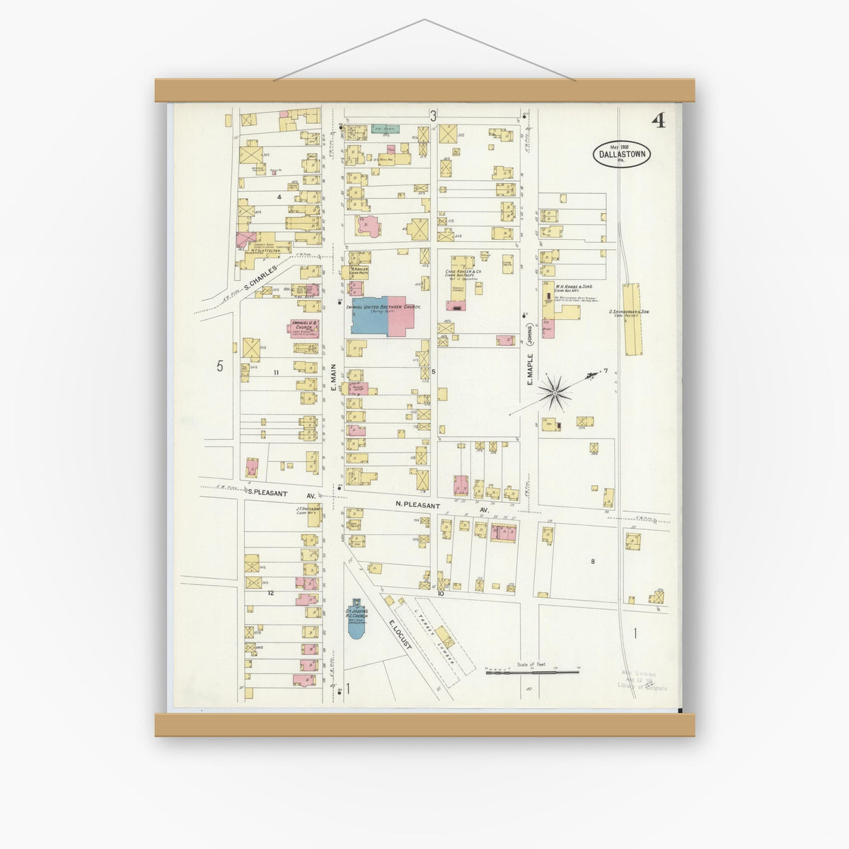 Old map wall art mockup — magnetic wood frame on white wall — Sanborn Fire Insurance Map from Dallastown, York County, Pennsylvania (1908), Sheet #0004