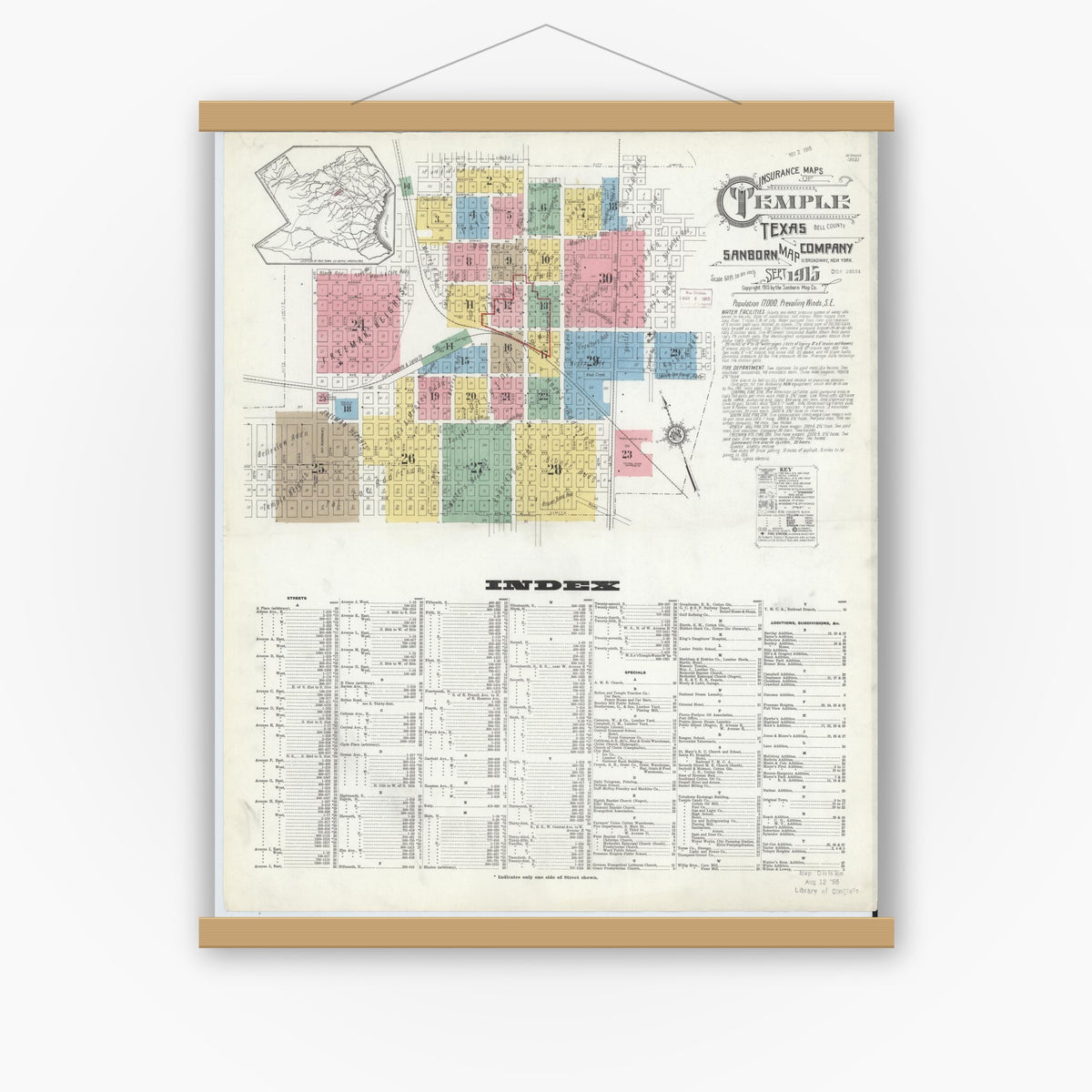 Old map wall art mockup — magnetic wood frame on white wall — Sanborn Fire Insurance Map from Temple, Bell County, Texas (1915), Sheet #0001