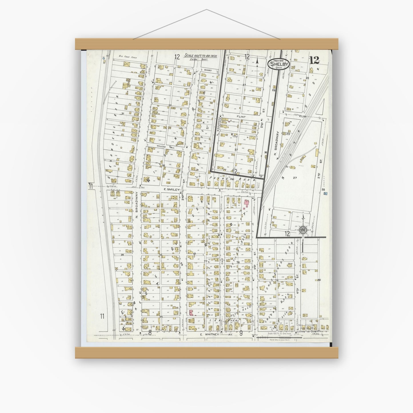 Old map wall art mockup — magnetic wood frame on white wall — Sanborn Fire Insurance Map from Shelby, Richland County, Ohio (1919), Sheet #0012
