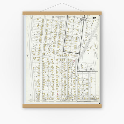 Old map wall art mockup — magnetic wood frame on white wall — Sanborn Fire Insurance Map from Shelby, Richland County, Ohio (1919), Sheet #0012