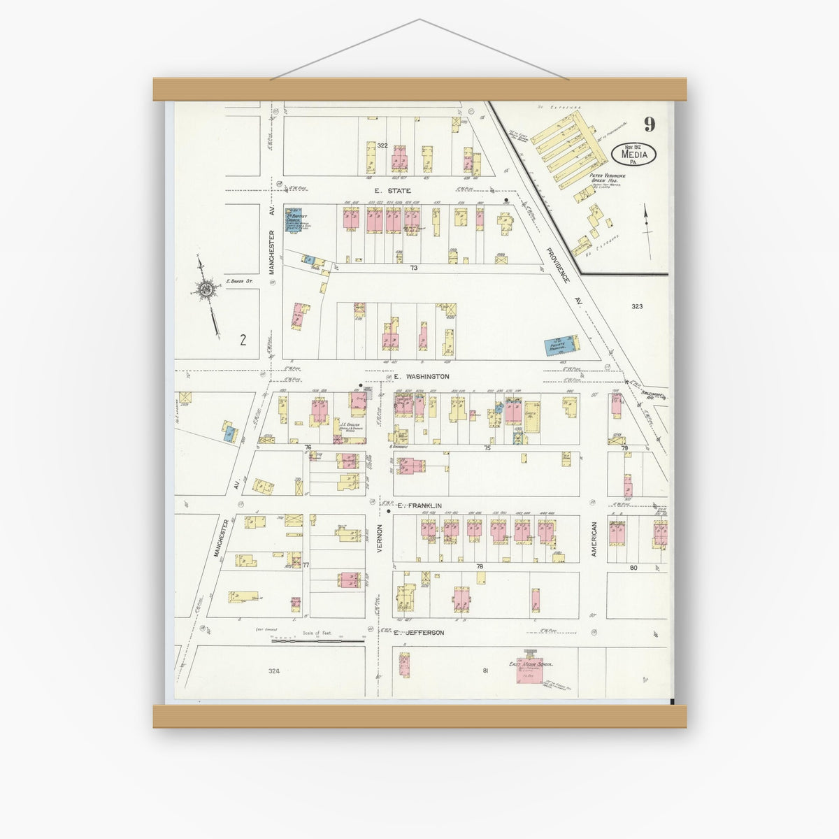 Old map wall art mockup — magnetic wood frame on white wall — Sanborn Fire Insurance Map from Media, Delaware County, Pennsylvania (1912), Sheet #0009