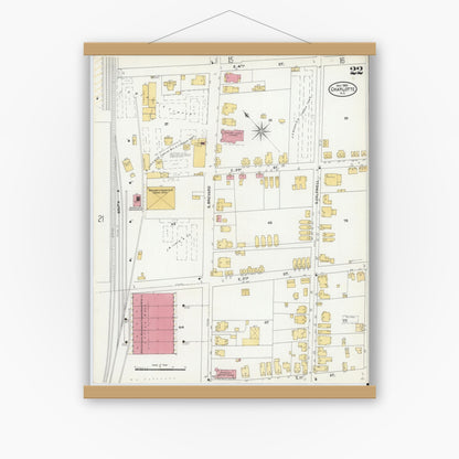 Old map wall art mockup — magnetic wood frame on white wall — Sanborn Fire Insurance Map from Charlotte, Mecklenburg County, North Carolina (1905), Sheet #0022
