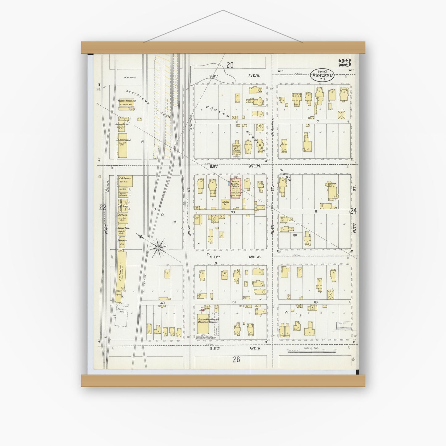 Old map wall art mockup — magnetic wood frame on white wall — Sanborn Fire Insurance Map from Ashland, Ashland County, Wisconsin (1901), Sheet #0023