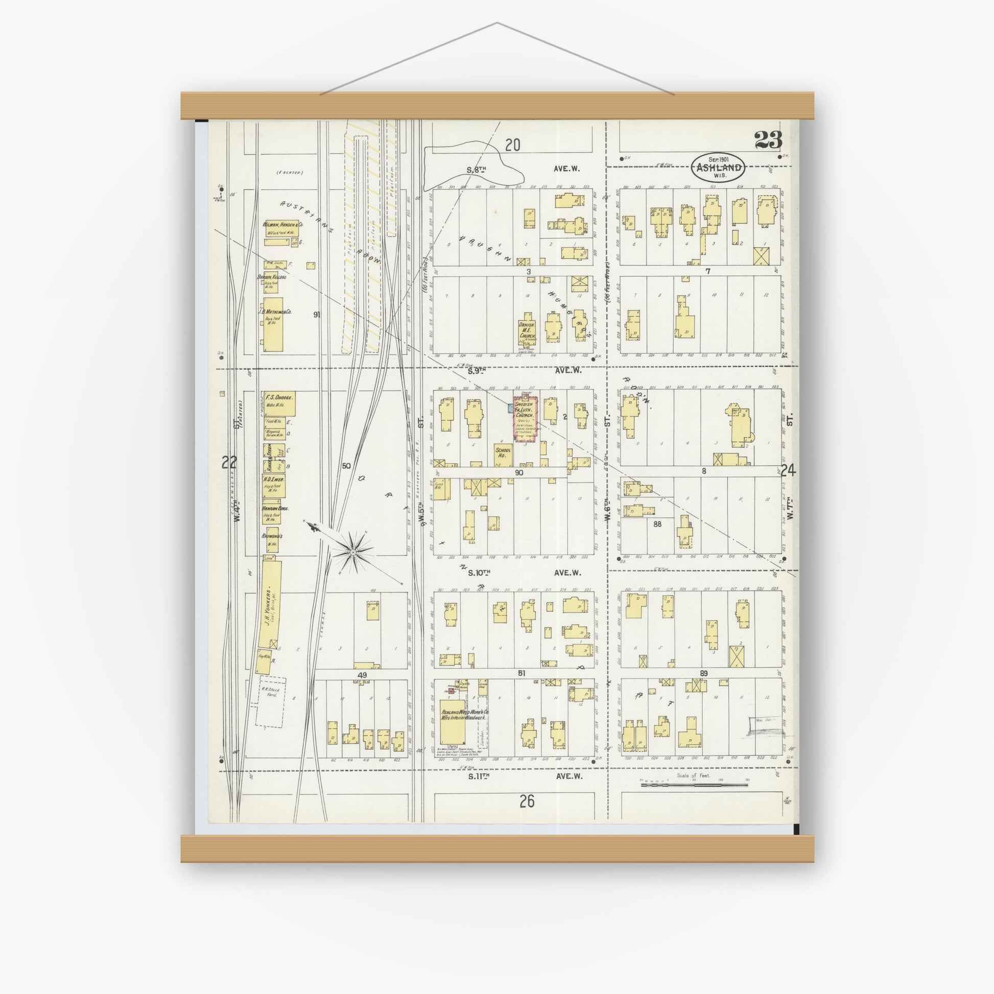 Old map wall art mockup — magnetic wood frame on white wall — Sanborn Fire Insurance Map from Ashland, Ashland County, Wisconsin (1901), Sheet #0023