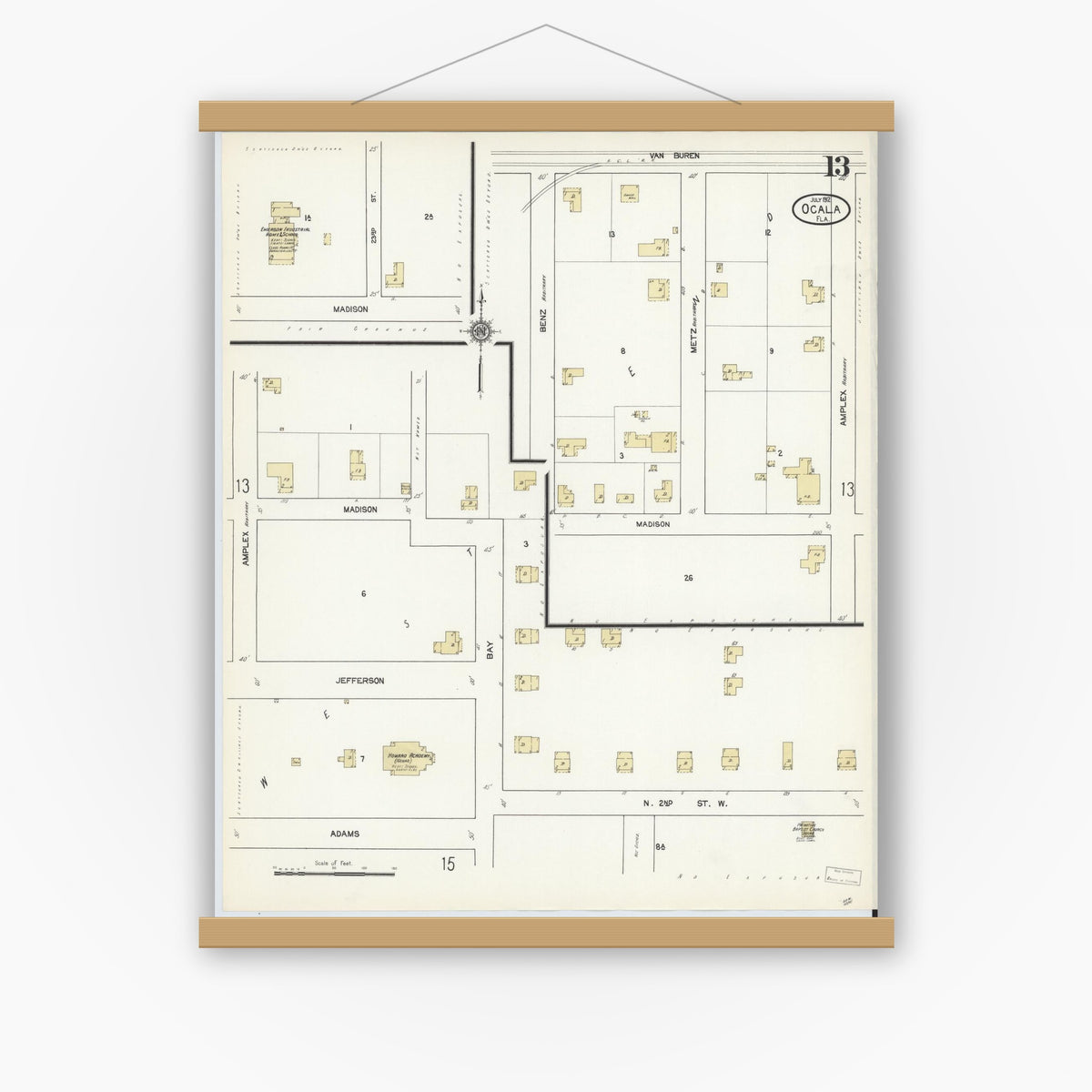 Old map wall art mockup — magnetic wood frame on white wall — Sanborn Fire Insurance Map from Ocala, Marion County, Florida (1912), Sheet #0013