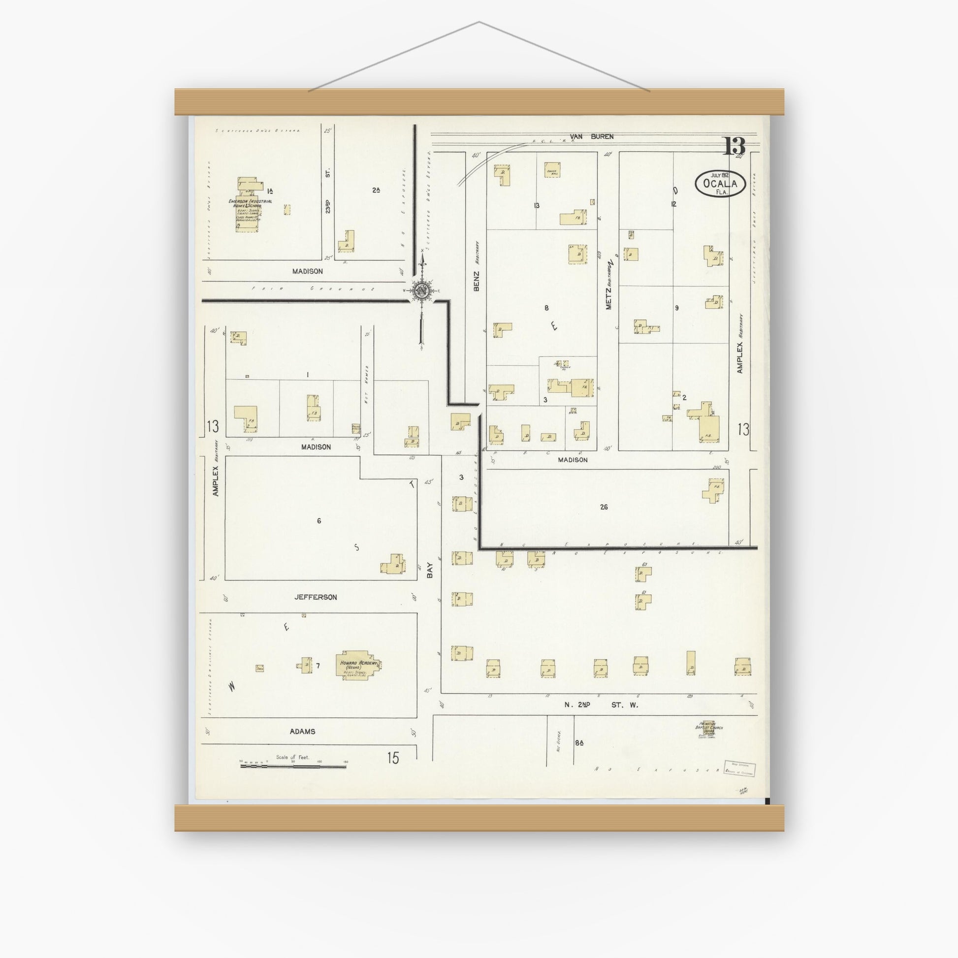 Old map wall art mockup — magnetic wood frame on white wall — Sanborn Fire Insurance Map from Ocala, Marion County, Florida (1912), Sheet #0013