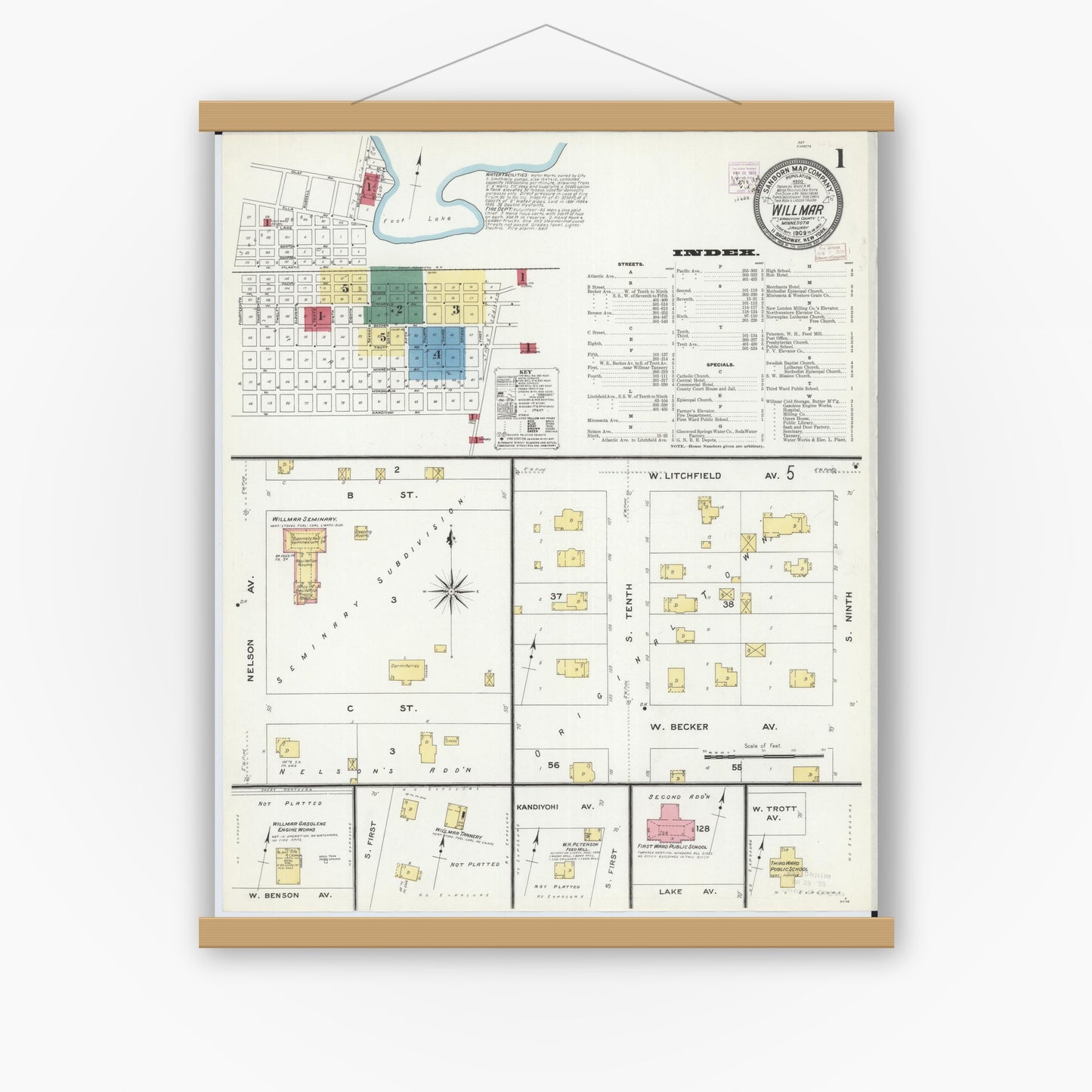 Old map wall art mockup — magnetic wood frame on white wall — Sanborn Fire Insurance Map from Willmar, Kandiyohi County, Minnesota (1909) - Complete Map Set