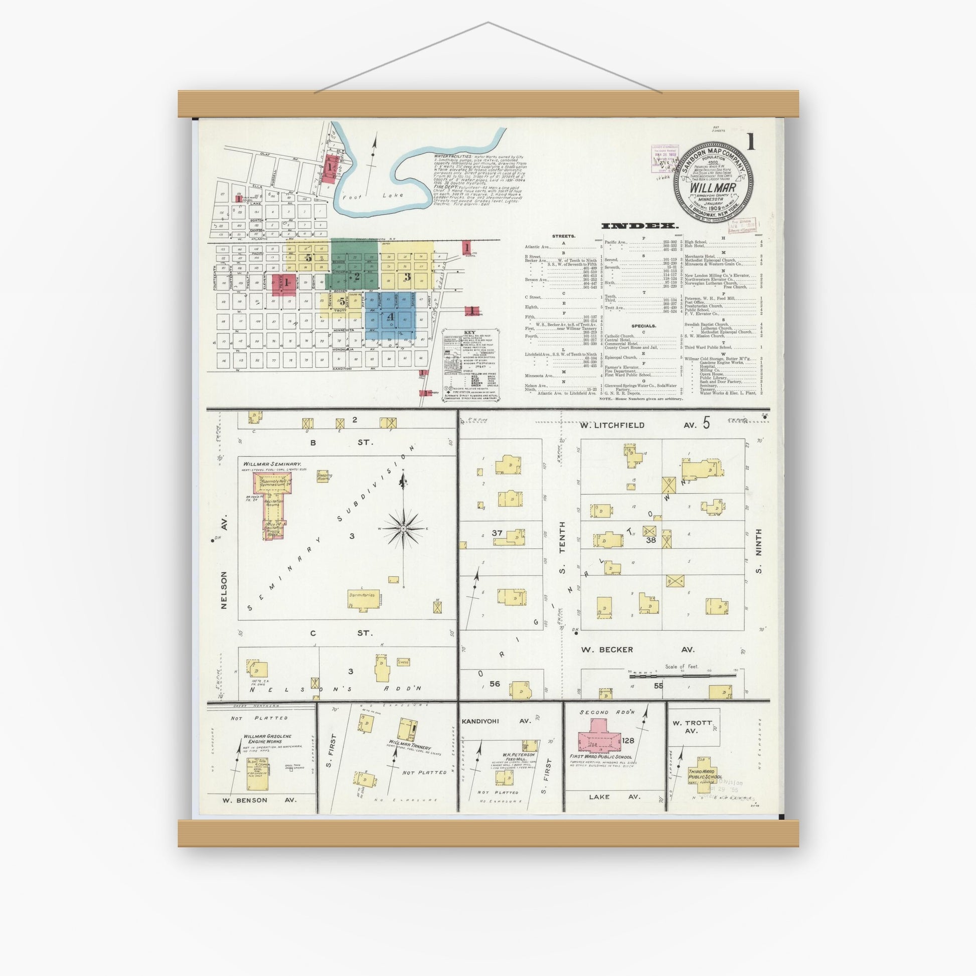 Old map wall art mockup — magnetic wood frame on white wall — Sanborn Fire Insurance Map from Willmar, Kandiyohi County, Minnesota (1909) - Complete Map Set
