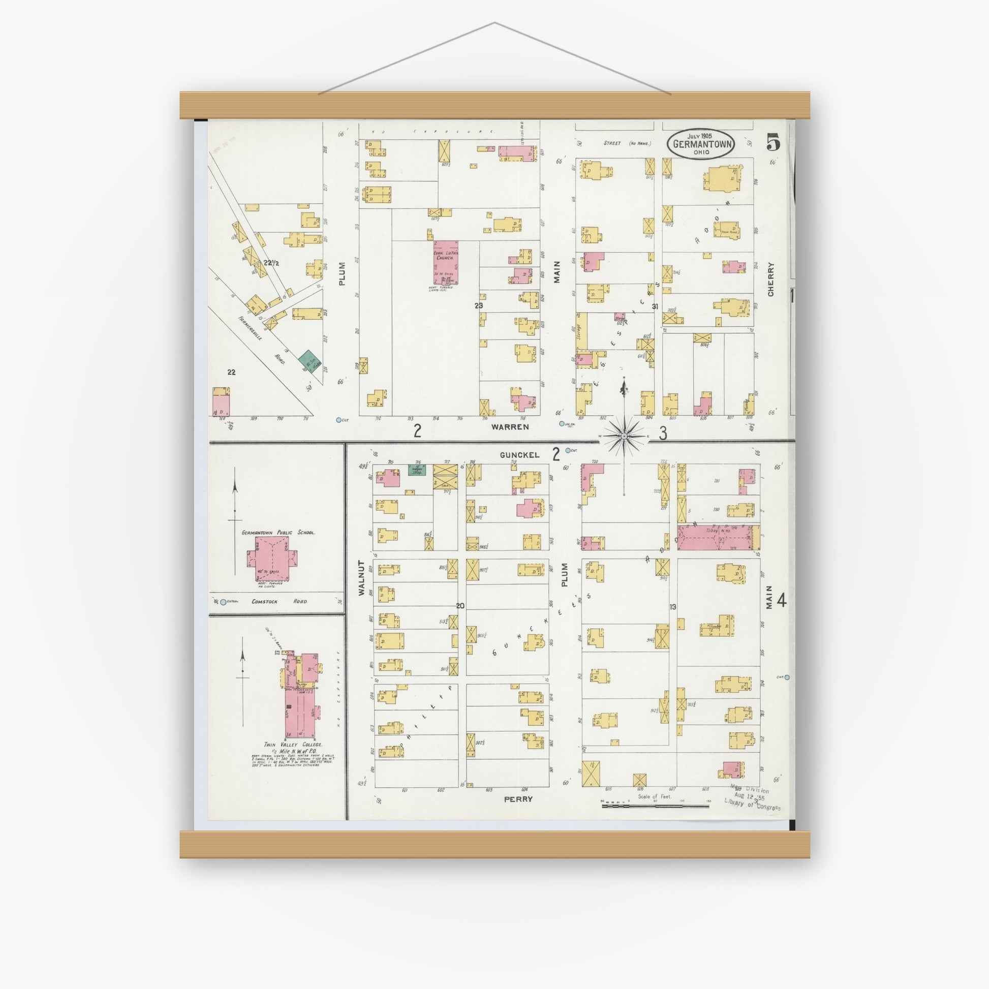 Old map wall art mockup — magnetic wood frame on white wall — Sanborn Fire Insurance Map from Germantown, Montgomery County, Ohio (1905), Sheet #0005