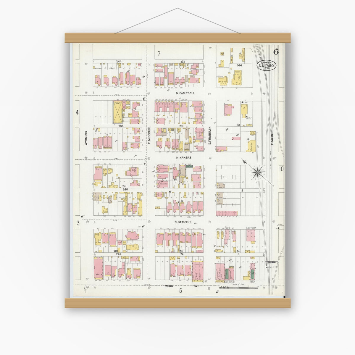 Old map wall art mockup — magnetic wood frame on white wall — Sanborn Fire Insurance Map from El Paso, El Paso County, Texas (1902), Sheet #0006