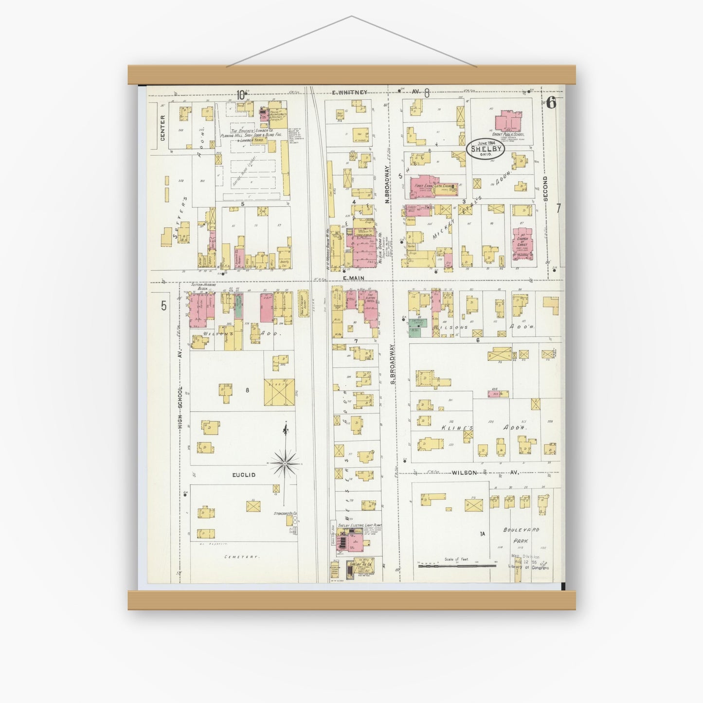 Old map wall art mockup — magnetic wood frame on white wall — Sanborn Fire Insurance Map from Shelby, Richland County, Ohio (1904), Sheet #0006