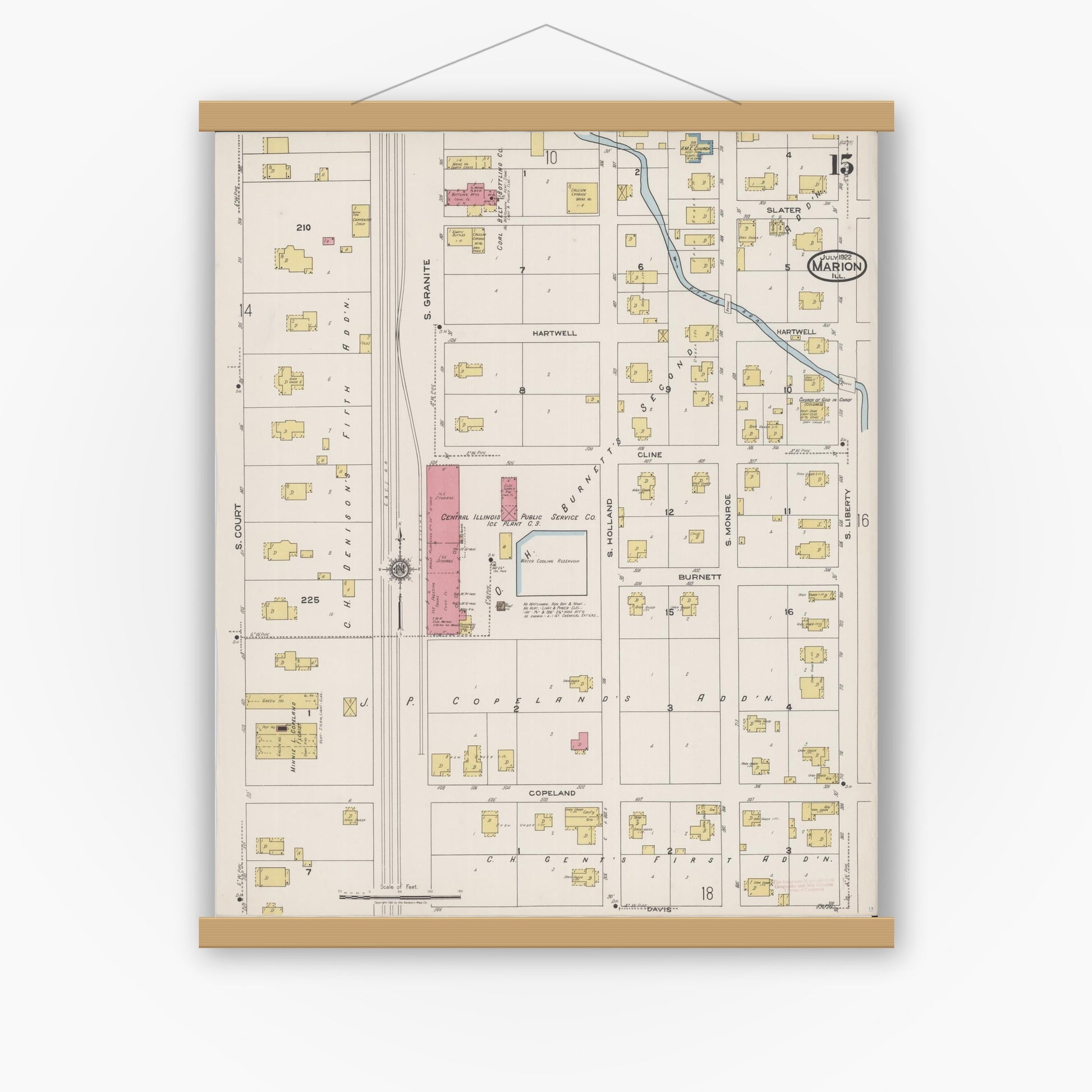 Old map wall art mockup — magnetic wood frame on white wall — Sanborn Fire Insurance Map from Marion, Williamson County, Illinois (1922), Sheet #0015