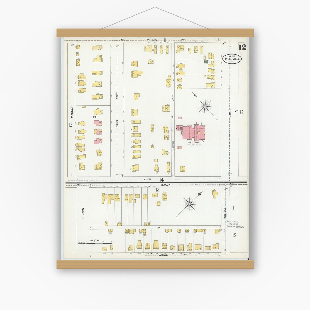 Old map wall art mockup — magnetic wood frame on white wall — Sanborn Fire Insurance Map from Meadville, Crawford County, Pennsylvania (1901), Sheet #0012