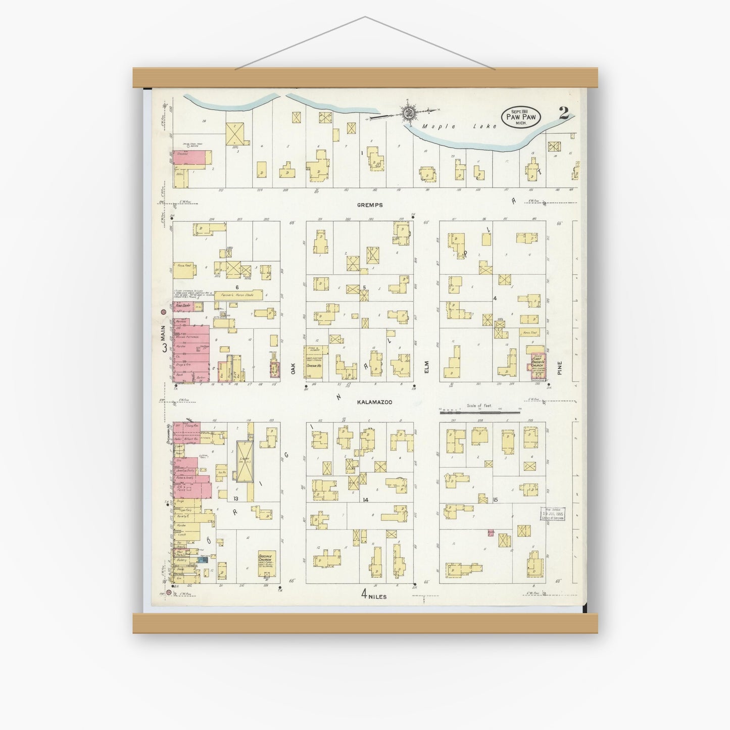 Old map wall art mockup — magnetic wood frame on white wall — Sanborn Fire Insurance Map from Paw Paw, Van Buren County, Michigan (1911), Sheet #0002