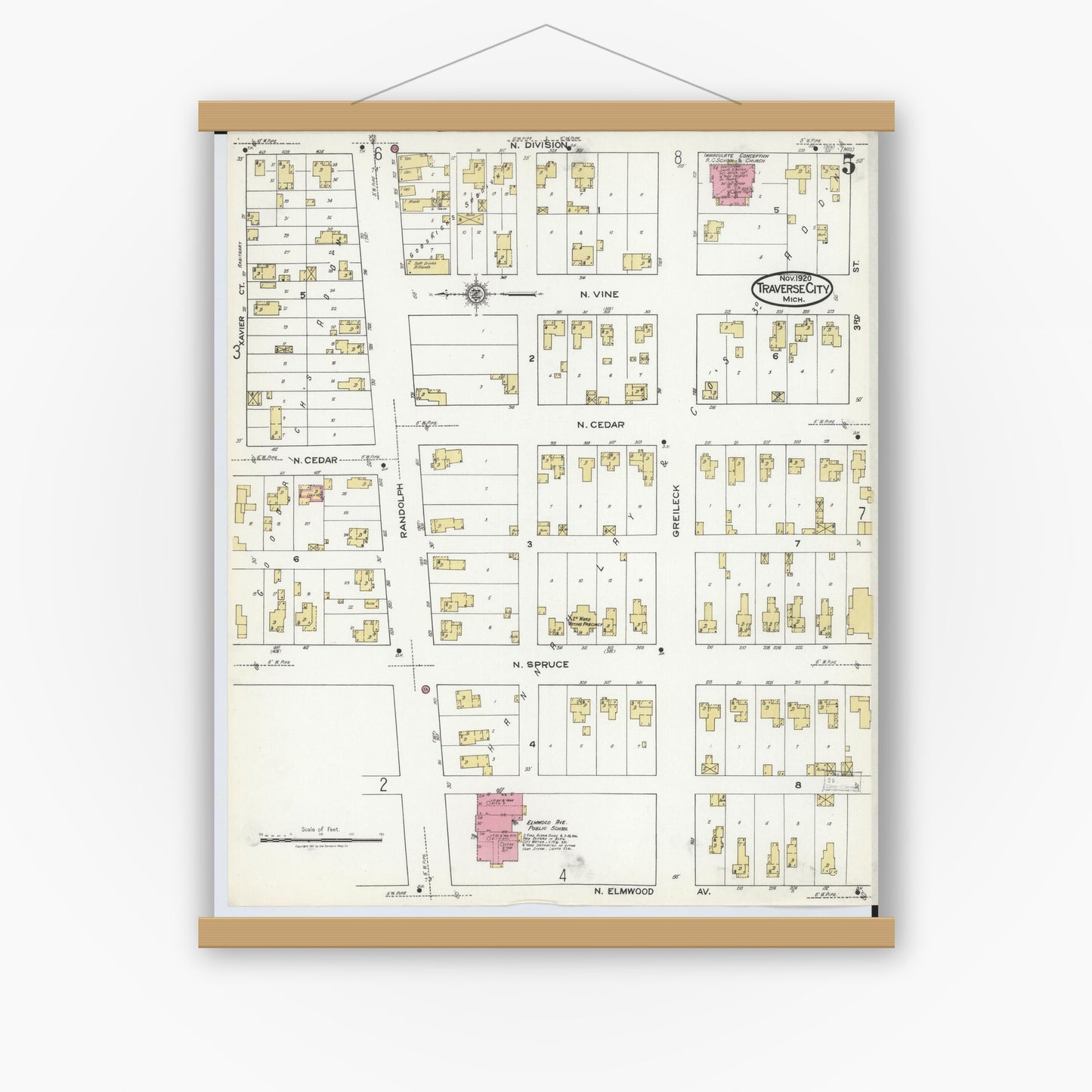 Old map wall art mockup — magnetic wood frame on white wall — Sanborn Fire Insurance Map from Traverse City, Grand Traverse County, Michigan (1920), Sheet #0005