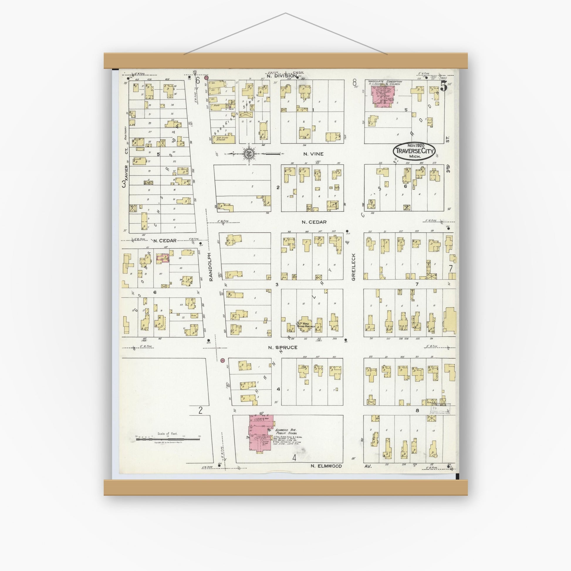 Old map wall art mockup — magnetic wood frame on white wall — Sanborn Fire Insurance Map from Traverse City, Grand Traverse County, Michigan (1920), Sheet #0005