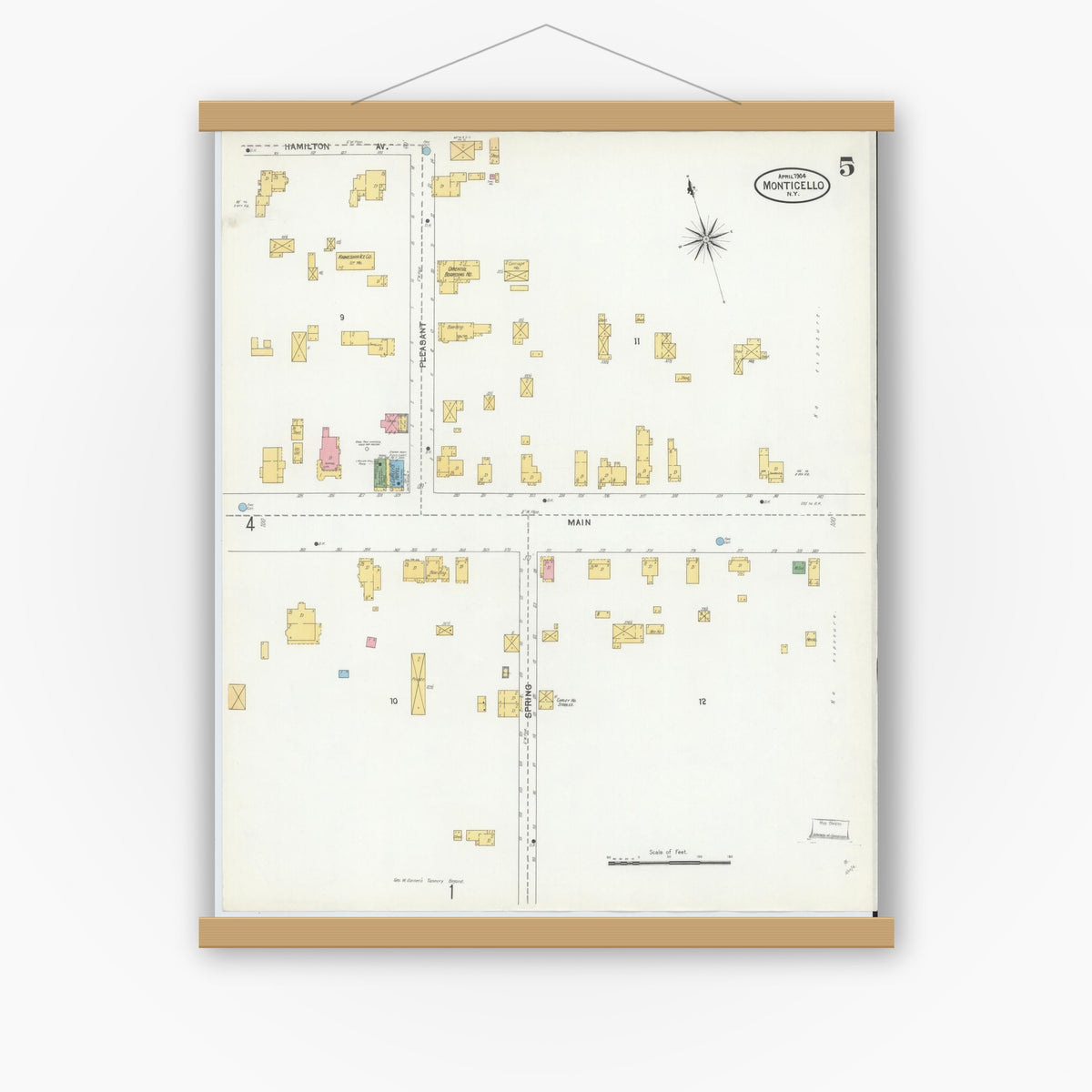 Old map wall art mockup — magnetic wood frame on white wall — Sanborn Fire Insurance Map from Monticello, Sullivan County, New York (1904), Sheet #0005