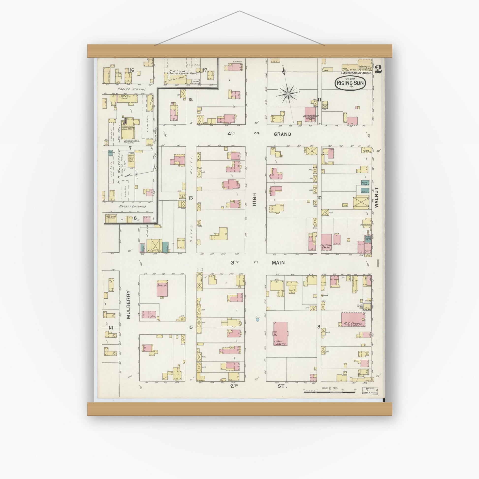 Old map wall art mockup — magnetic wood frame on white wall — Sanborn Fire Insurance Map from Rising Sun, Ohio County, Indiana (1892), Sheet #0002