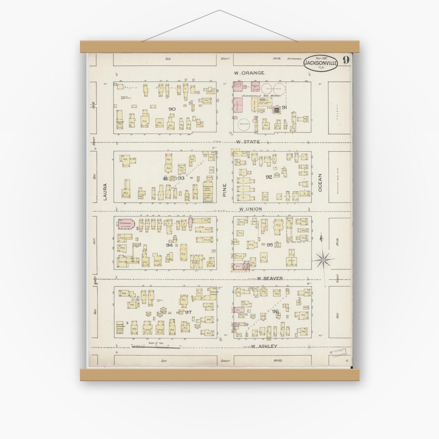 Old map wall art mockup — magnetic wood frame on white wall — Sanborn Fire Insurance Map from Jacksonville, Duval County, Florida (1887), Sheet #0009