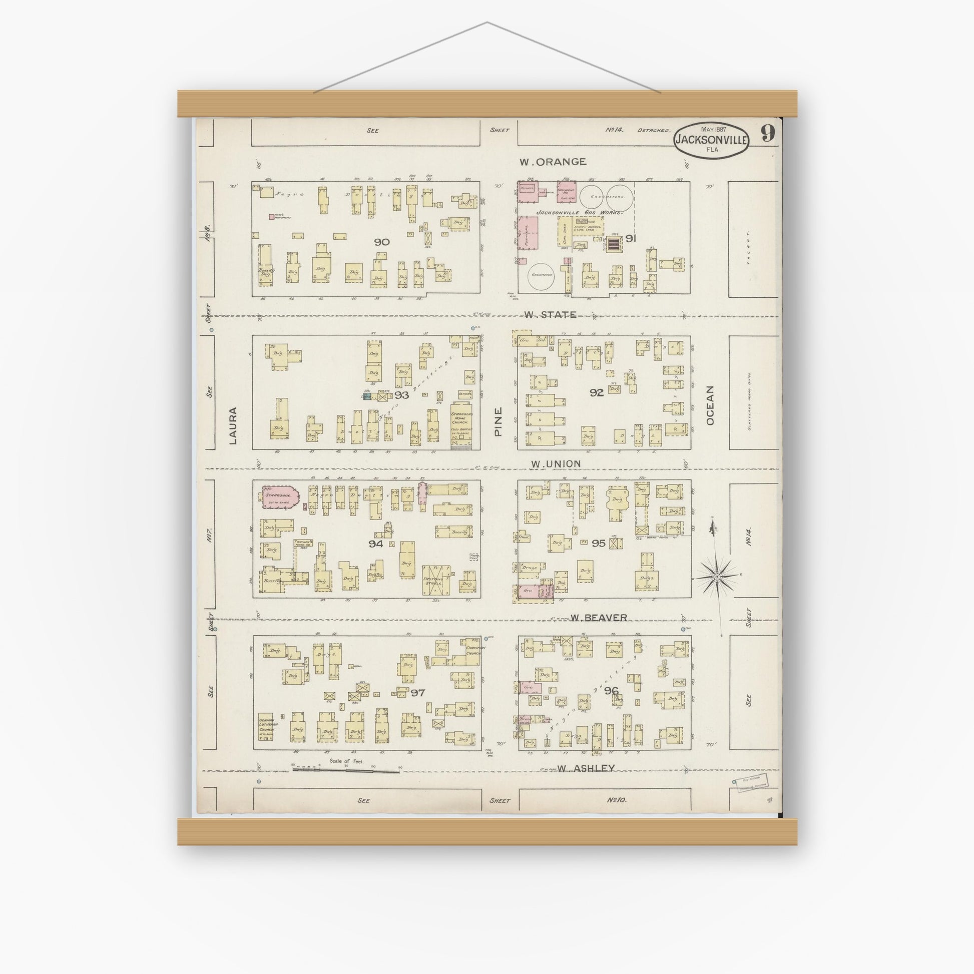 Old map wall art mockup — magnetic wood frame on white wall — Sanborn Fire Insurance Map from Jacksonville, Duval County, Florida (1887), Sheet #0009