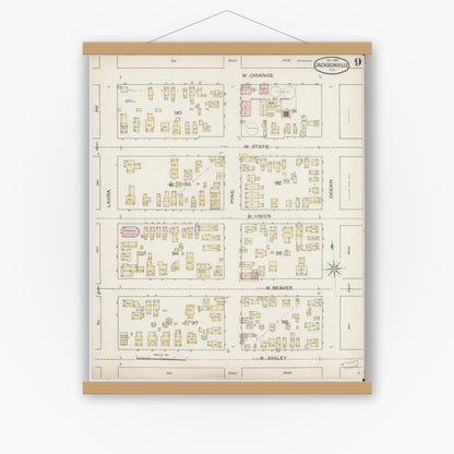 Old map wall art mockup — magnetic wood frame on white wall — Sanborn Fire Insurance Map from Jacksonville, Duval County, Florida (1887), Sheet #0009