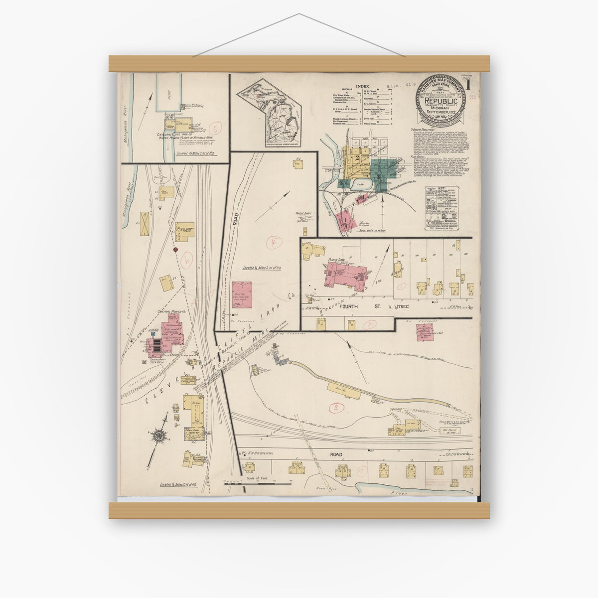 Old map wall art mockup — magnetic wood frame on white wall — Sanborn Fire Insurance Map from Republic, Marquette County, Michigan (1922), Sheet #0001