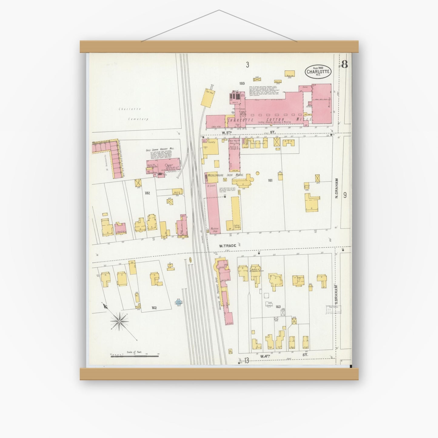 Old map wall art mockup — magnetic wood frame on white wall — Sanborn Fire Insurance Map from Charlotte, Mecklenburg County, North Carolina (1900), Sheet #0008