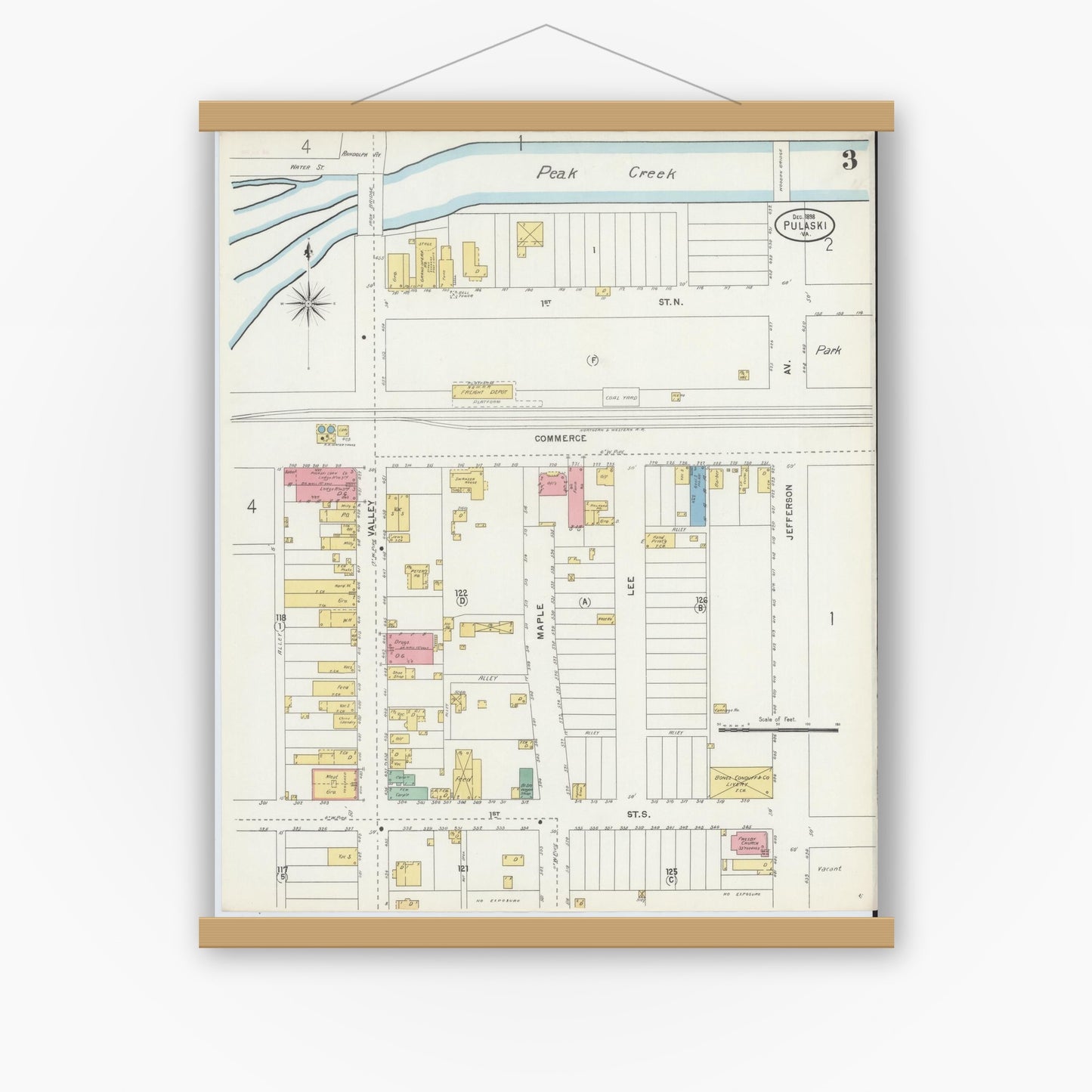 Old map wall art mockup — magnetic wood frame on white wall — Sanborn Fire Insurance Map from Pulaski, Pulaski County, Virginia (1898), Sheet #0003