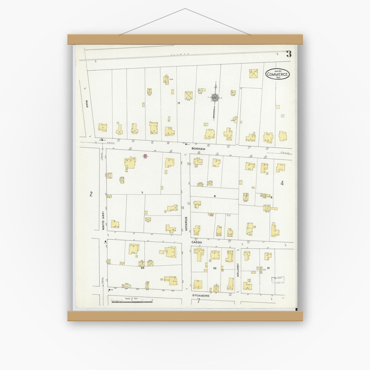 Old map wall art mockup — magnetic wood frame on white wall — Sanborn Fire Insurance Map from Commerce, Hunt County, Texas (1911), Sheet #0003