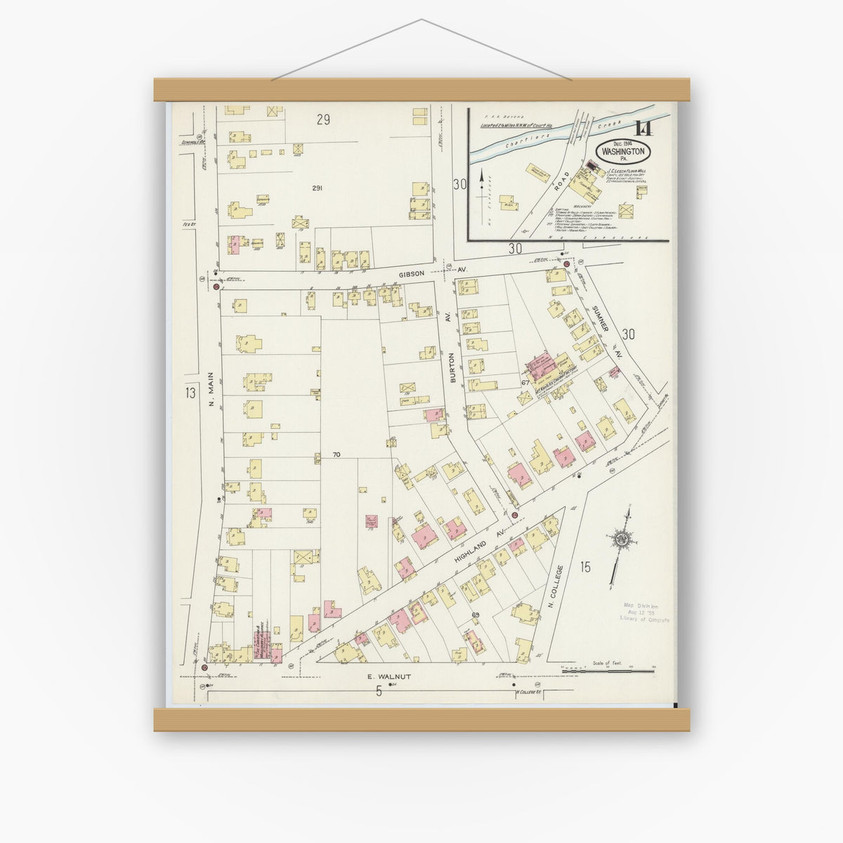 Old map wall art mockup — magnetic wood frame on white wall — Sanborn Fire Insurance Map from Washington, Washington County, Pennsylvania (1914), Sheet #0014