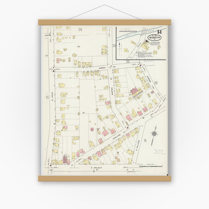 Old map wall art mockup — magnetic wood frame on white wall — Sanborn Fire Insurance Map from Washington, Washington County, Pennsylvania (1914), Sheet #0014