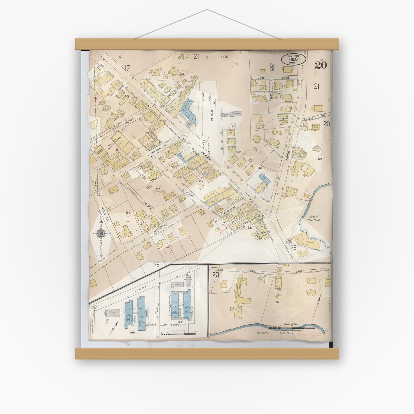 Old map wall art mockup — magnetic wood frame on white wall — Sanborn Fire Insurance Map from Hilo, Hawaii County, Hawaii (1957), Sheet #0020