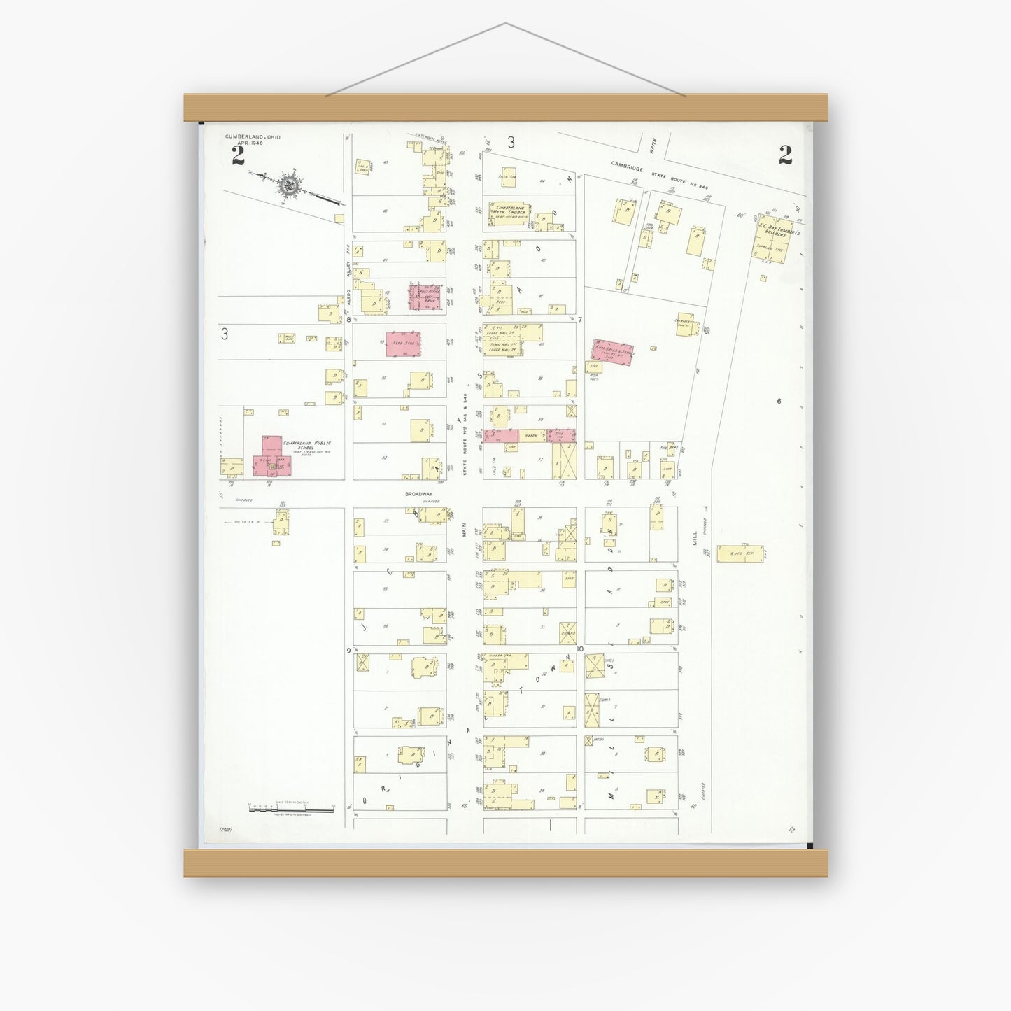 Old map wall art mockup — magnetic wood frame on white wall — Sanborn Fire Insurance Map from Cumberland, Guernsey County, Ohio (1946), Sheet #0002