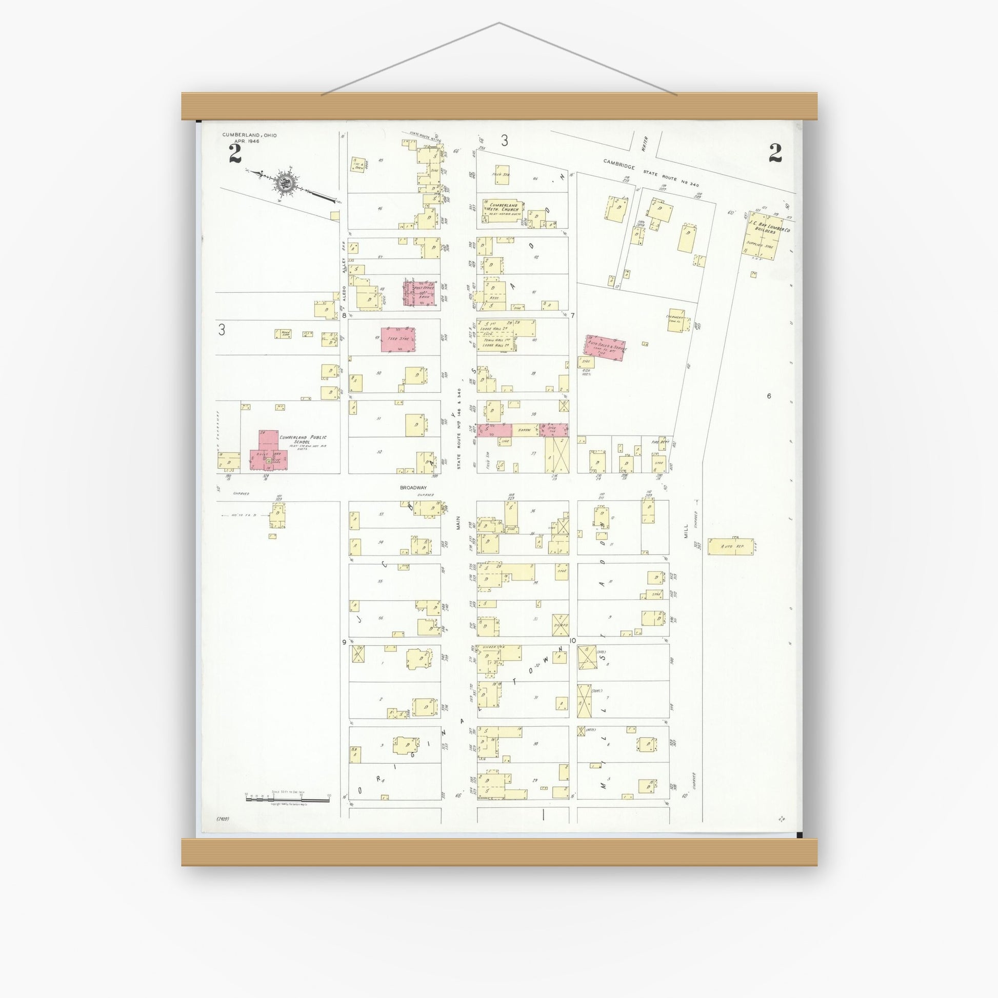 Old map wall art mockup — magnetic wood frame on white wall — Sanborn Fire Insurance Map from Cumberland, Guernsey County, Ohio (1946), Sheet #0002